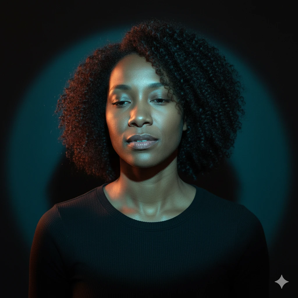 Cinematic portrait photograph of a woman in a circular spotlight