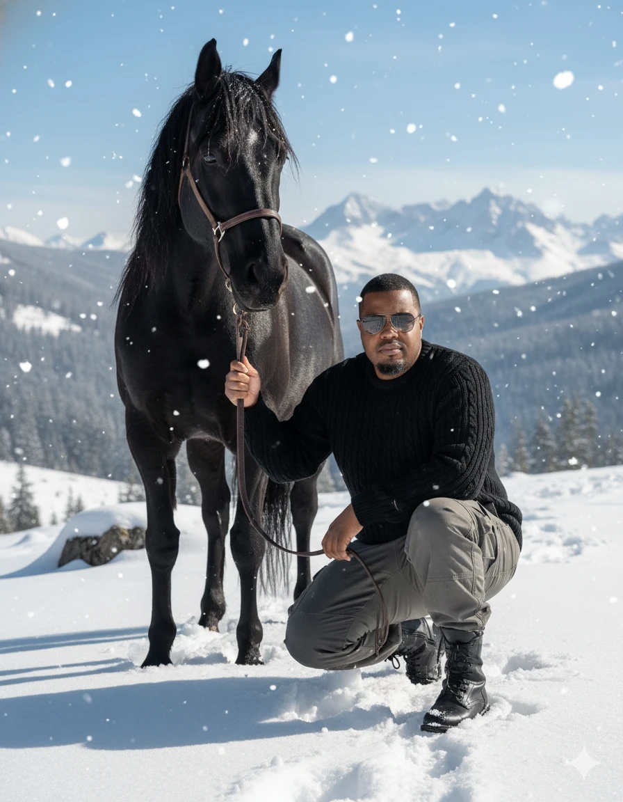 Man and horse in white snow